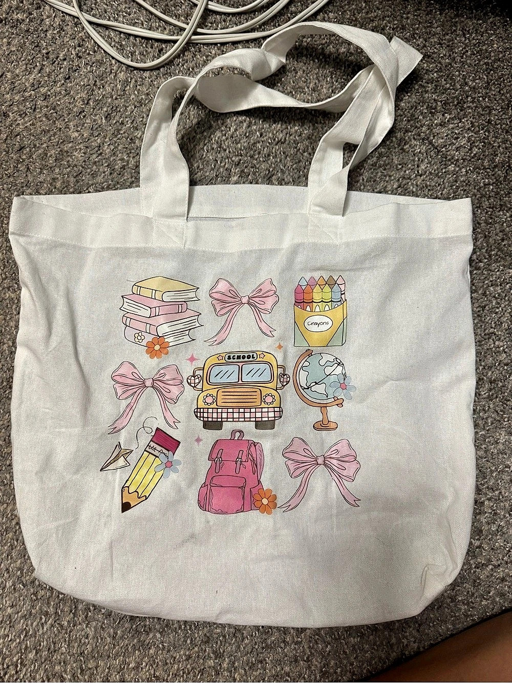Canvas School Print Tote Bag in White & Pink